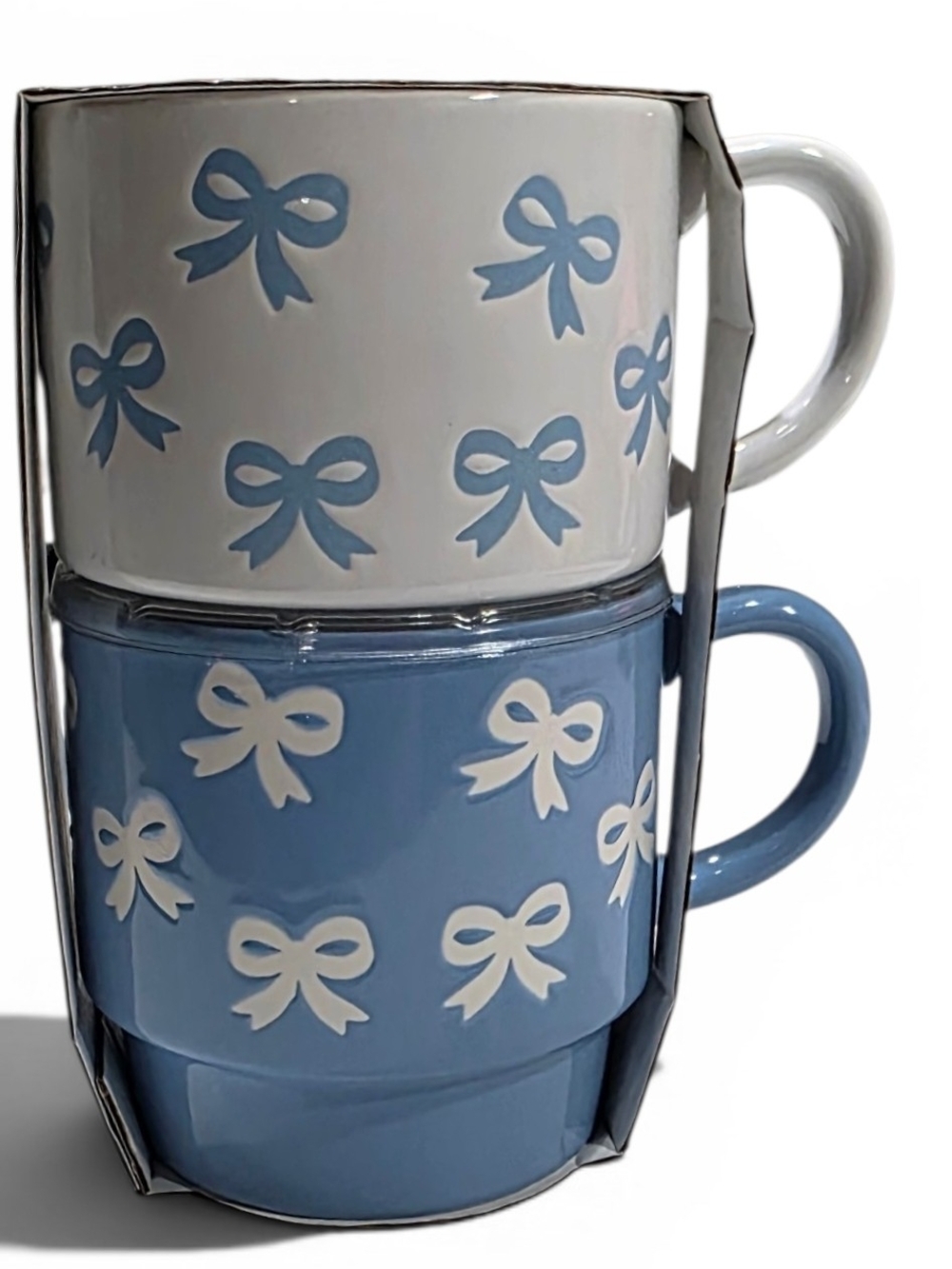 Bow Print Ceramic Mug Set of 2, Blue and White Coquette Aesthetic, NEW - Picture 2 of 3